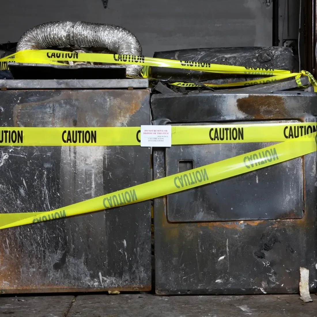 Burned out washer and dryer taped off with caution tape after a laundry fire